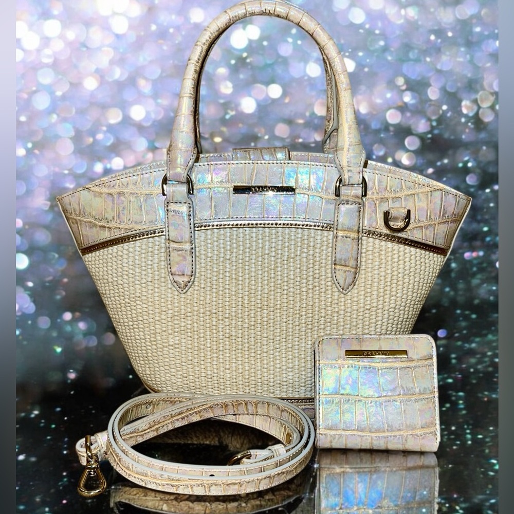 NWT Brahmin Leather & Woven JENNY Tote & JANE Wallet, Iridescent Tiramisu Manava